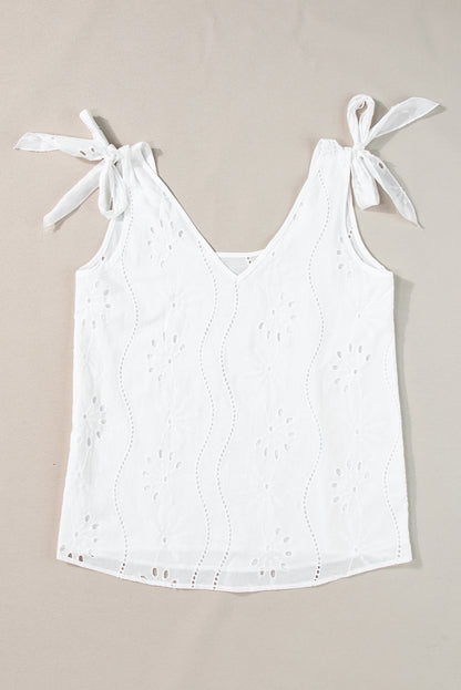 Witte tanktop met geknoopte bandjes en V-hals met borduurmotief