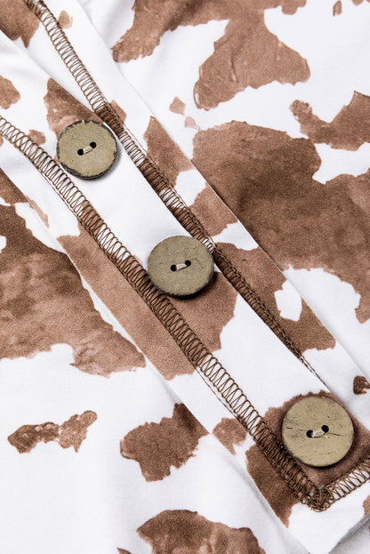 Lichtkaki Henley-blouse met dierenprint en getextureerde patch en lantaarnmouwen