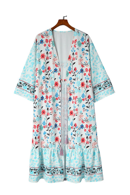 Veelkleurige kimono met lange mouwen en kwastjes