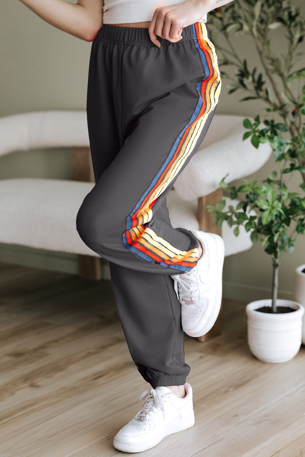 Donkergrijs tellende regenbogen hoge taille trainingsbroek