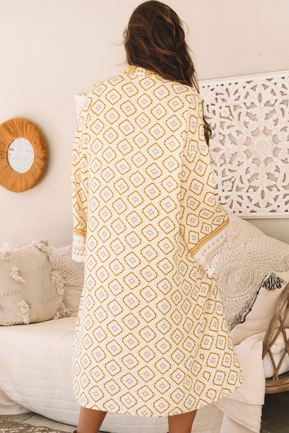 Gele Boheemse geometrische geprinte losse mouw lange kimono