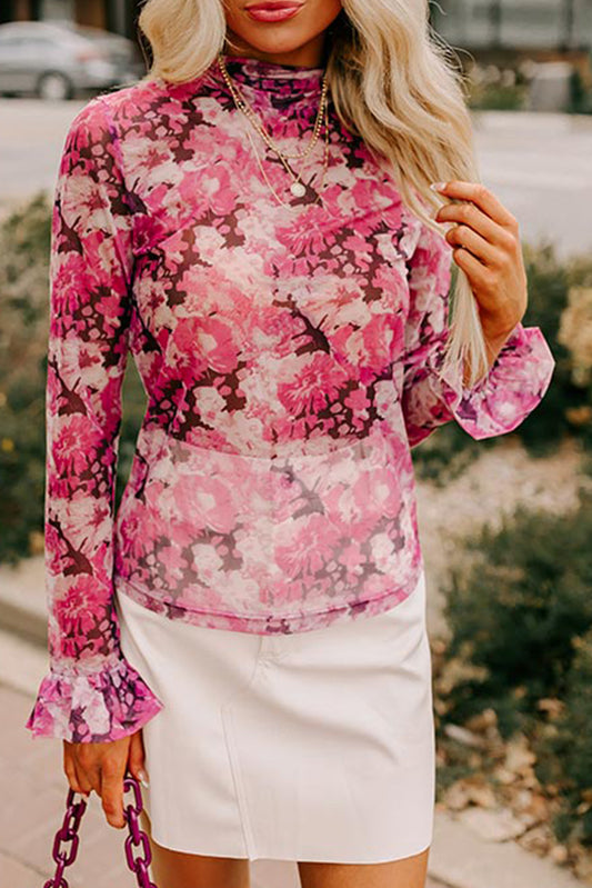 Rozen bloemen mesh founce mouw mock nek blouse