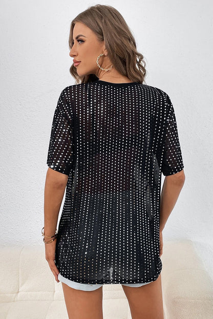 Zwart transparant T-shirt met lage schouder en pailletten