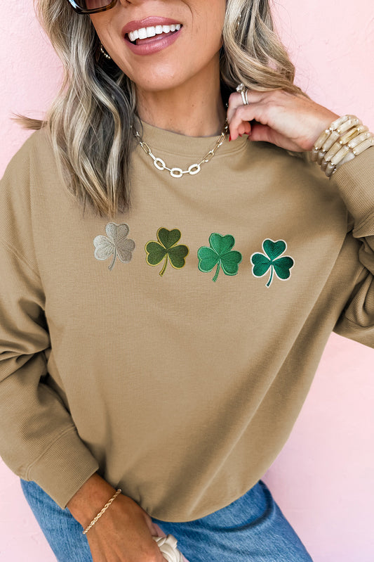 Kaki geborduurd klaverpatroon st Patrick pullover sweatshirt