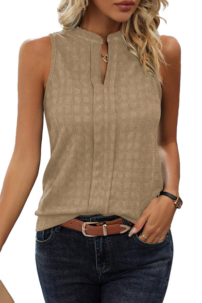 Licht Frans beige tanktop met splithals en roosterstructuur