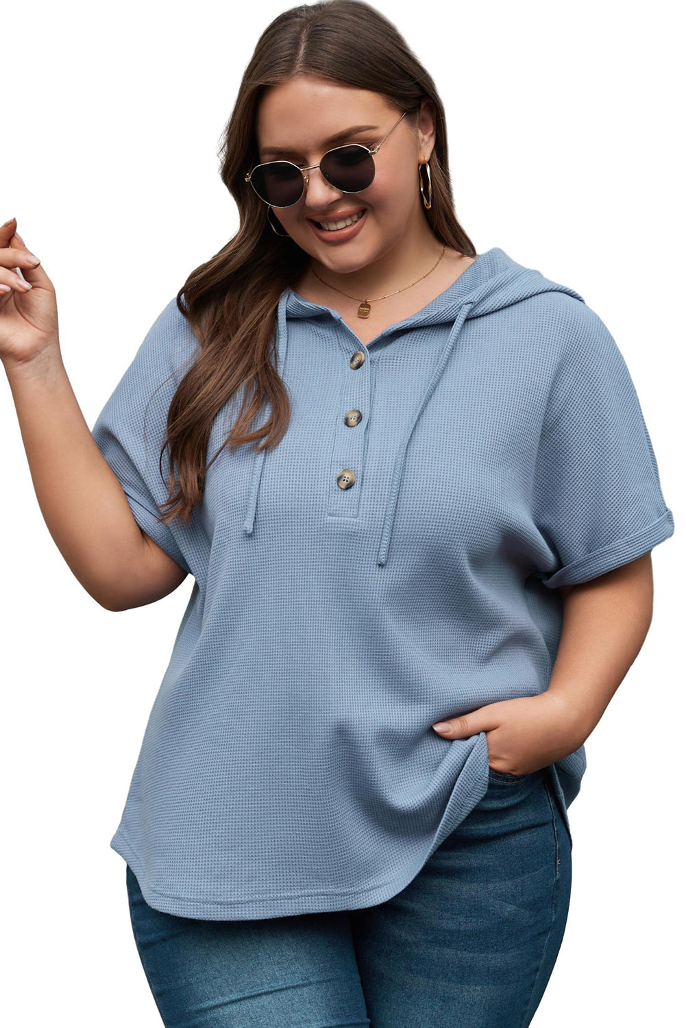 Ashleigh Blue Plus size wafelgebreide hoodie met korte mouwen en trekkoord