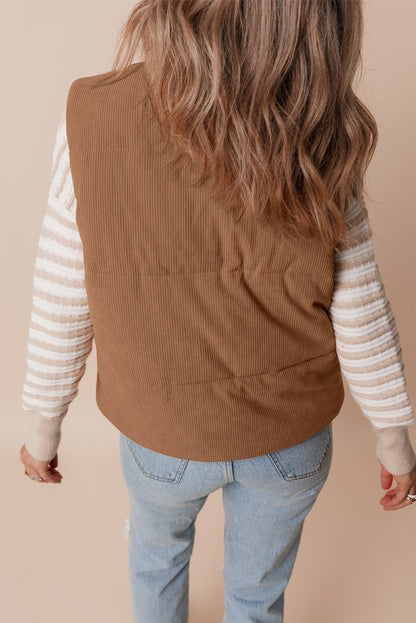 Koffie corduroy standaard nek ritssluiting puffer vest
