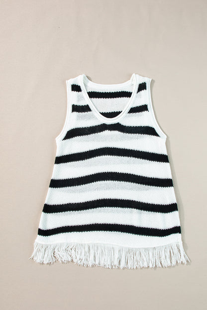 Beige gestreepte losgebreide tanktop met franjes