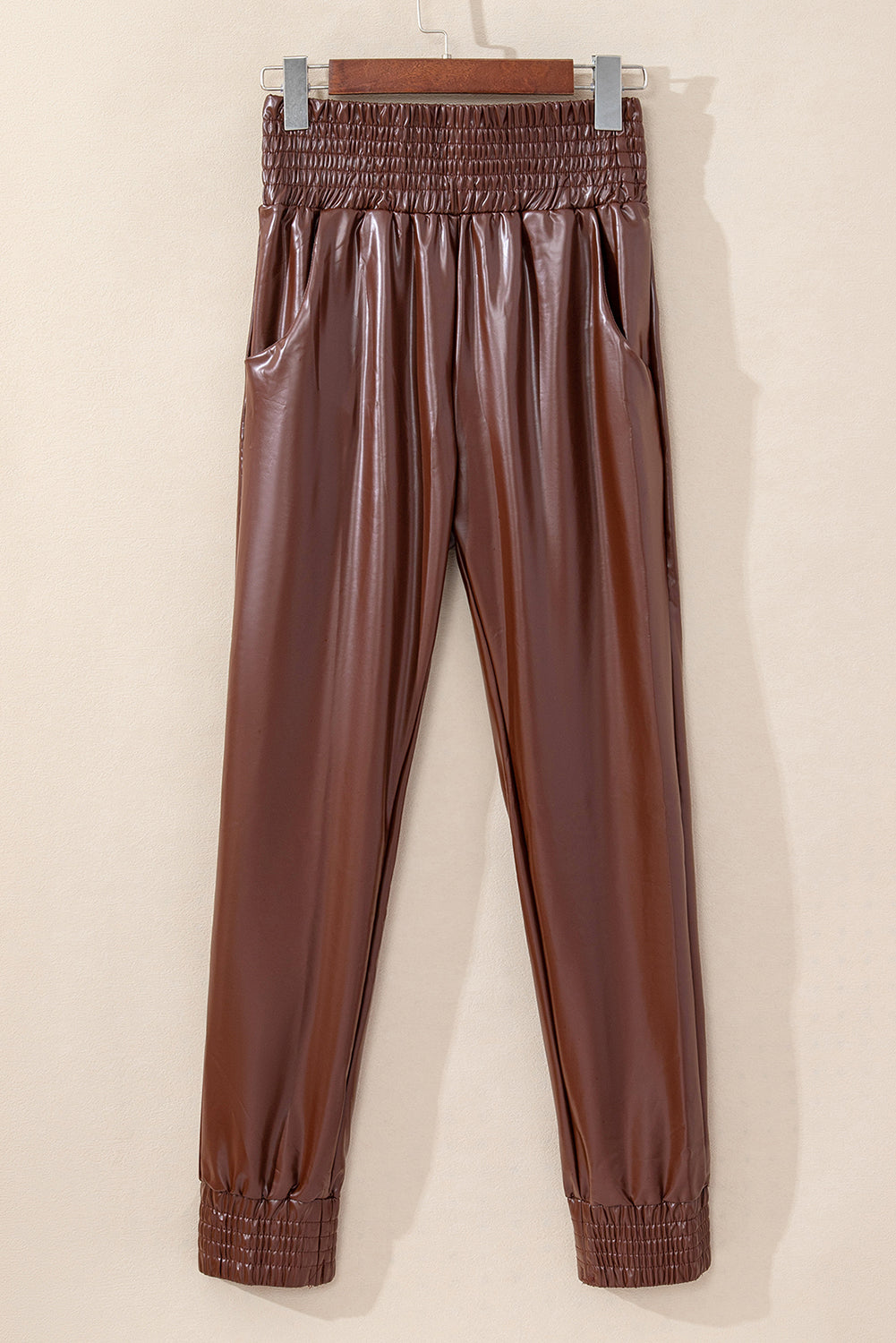 Bruine gesmokte leren skinny broek met hoge taille