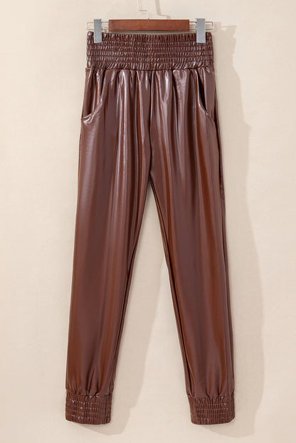 Bruine gesmokte leren skinny broek met hoge taille
