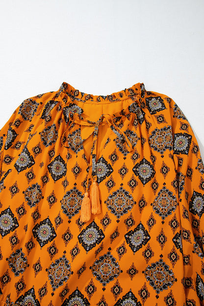 Oranje westerse geometrische print gelaagde frisdress los fit midi -jurk