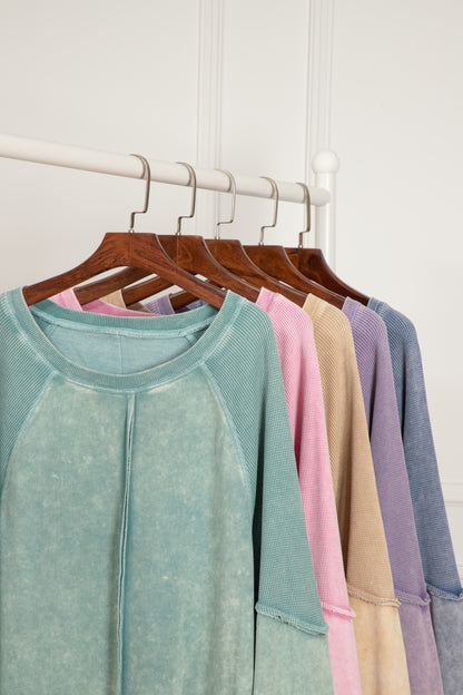 Zeil blauw massief wafel gebreide patchwork raglan mouw sweatshirt