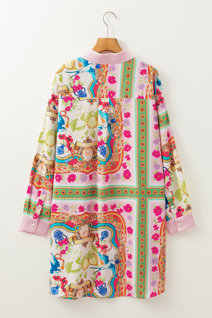Multicolour boho bloemenprint geknoopte shirtjurk met lange mouwen
