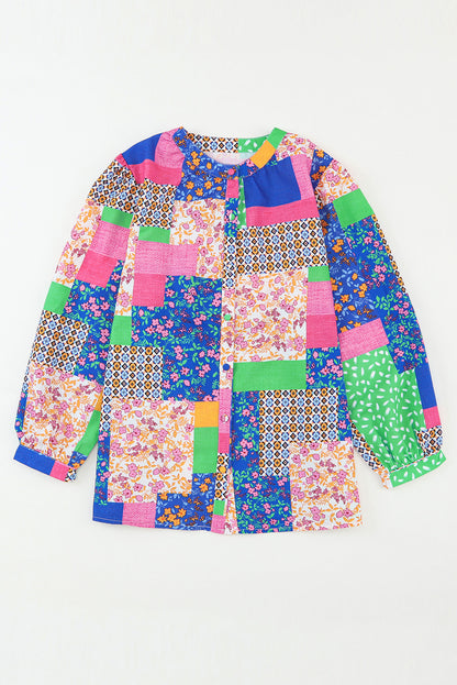 Overhemd met veelkleurige bloemen en patchwork-print en pofmouwen met knopen