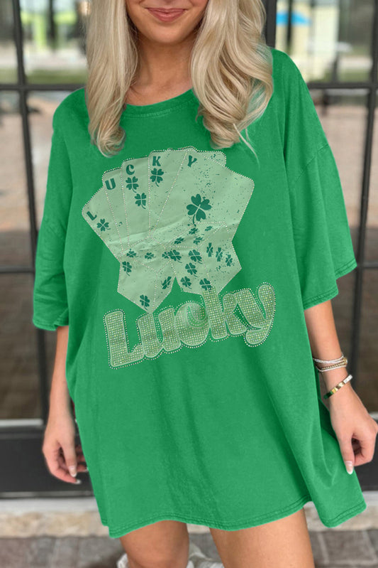 Bright Green Rhinestone Lucky Poker Cards extra grote T -shirt mini -jurk