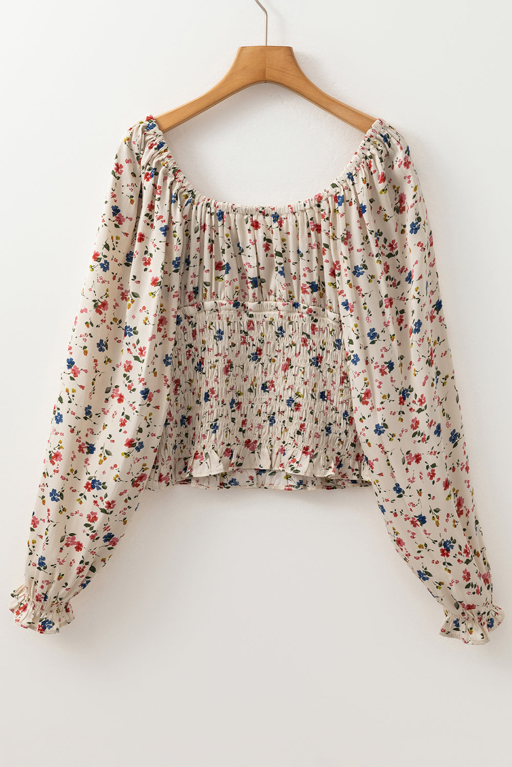 Beige boho bloemenprint gesmokte taille v nek blouse