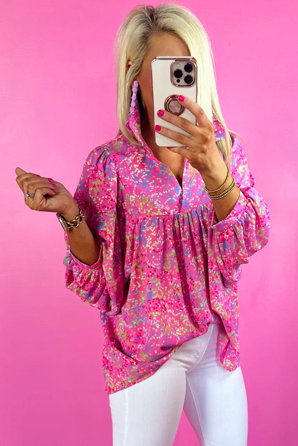 Bonbon Babydoll-blouse met abstracte print en kraag met V-hals