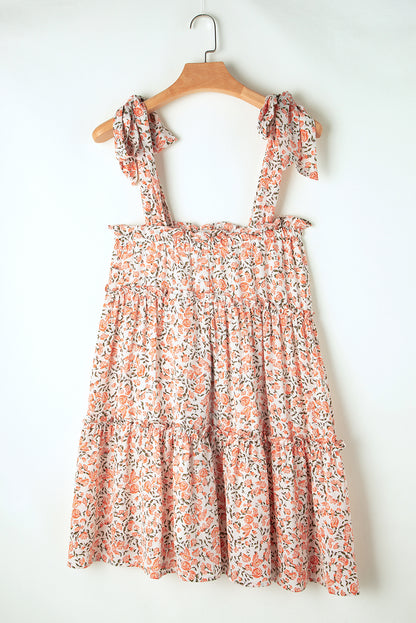 Oranje roze bloemen geknoopte riemen gelaagde babydoll -jurk