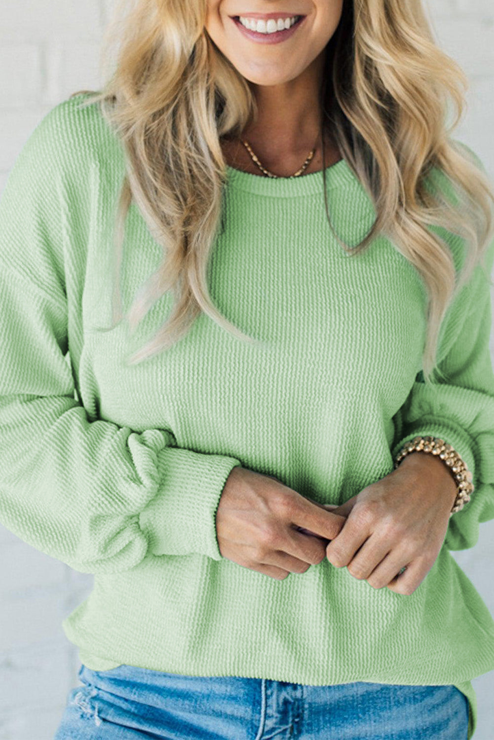 Maanlicht jade vast koord geribbelde druppel schouderpullover top