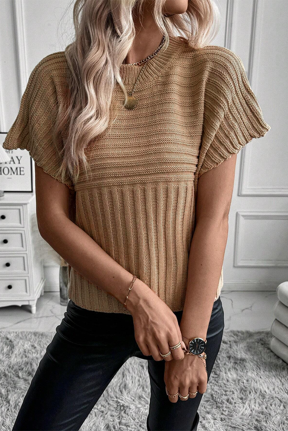 Licht Frans beige ribgebreid trui-T-shirt met wijde mouwen