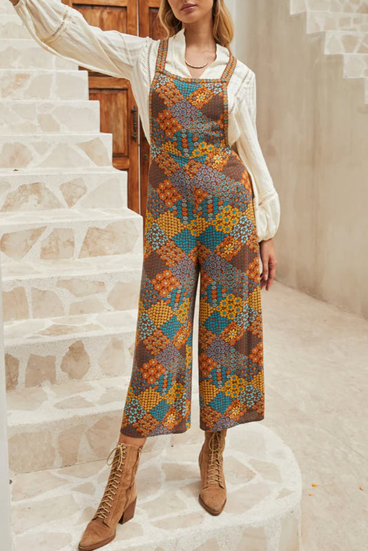 Multicolour Boho Floral Print gekruiste riemen enkellengte jumpsuit
