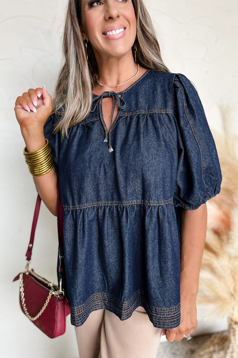 Zeil blauwe puff mouw veter halslijn splicing denim blouse