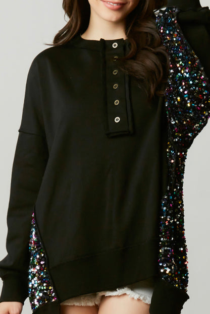 Lilac Sequin Patchwork High Low Hem Henley Sweatshirt