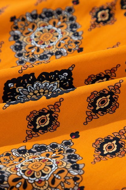 Oranje westerse geometrische print gelaagde frisdress los fit midi -jurk