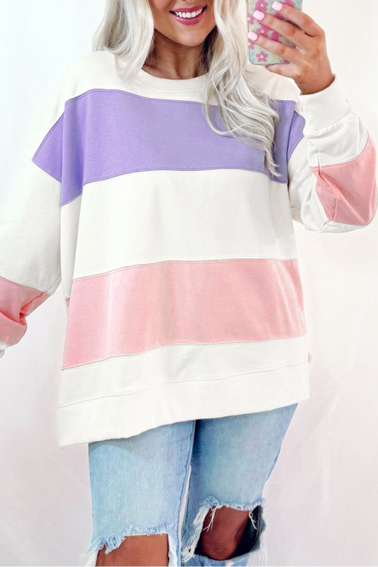 Beige Colorblock Patchwork Drop Schouder Crewneck Sweatshirt
