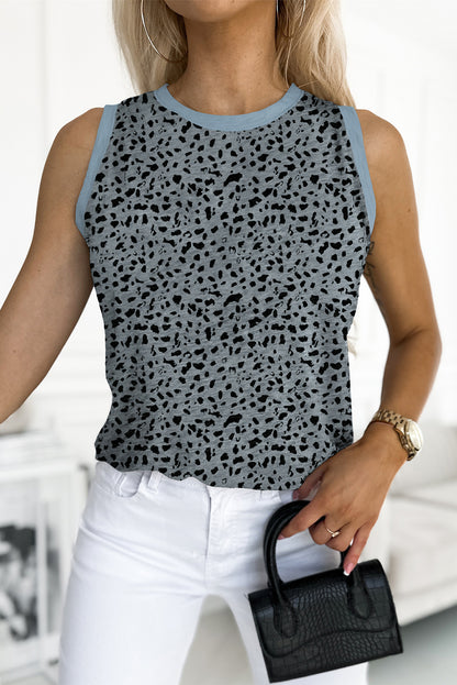 Grijze tanktop met ronde hals en luipaardprint