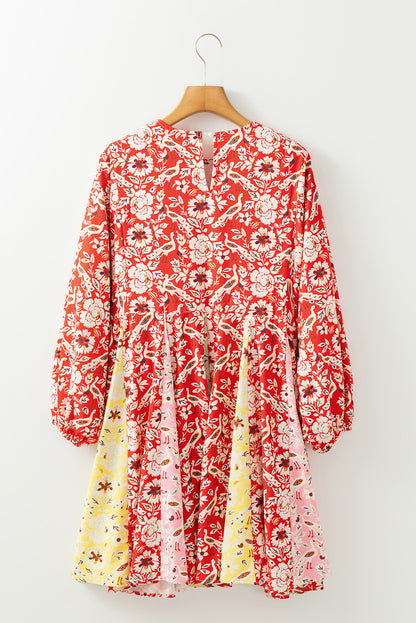 Rood kleurrijke bloemen patchwork lange mouw geplooide mini -jurk