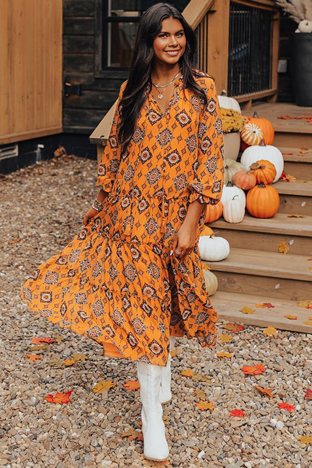 Oranje westerse geometrische print gelaagde frisdress los fit midi -jurk