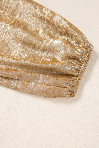 Gouden vlinderdas voorste bladerdeeg 3/4 mouw ruche zoom blouse