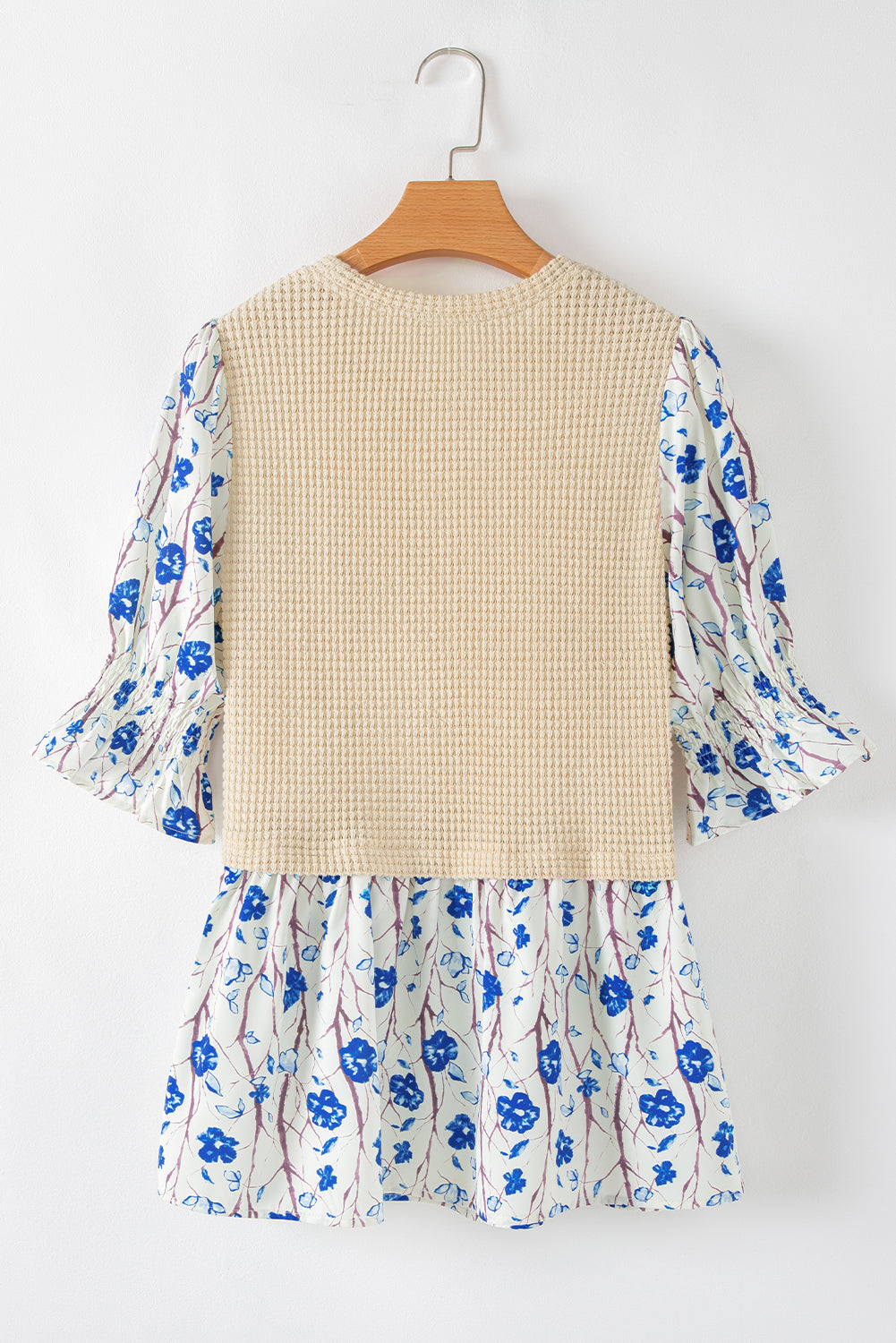 Beige Waffle Floral Patchwork Korte Four -mouw peplum blouse