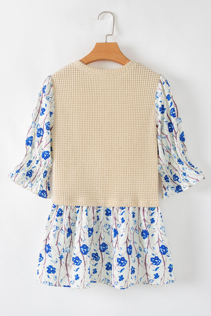 Beige Waffle Floral Patchwork Korte Four -mouw peplum blouse