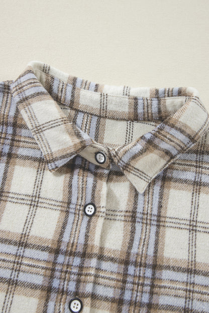 Witte tuniek met geruite print, grote maat shacket met splitten