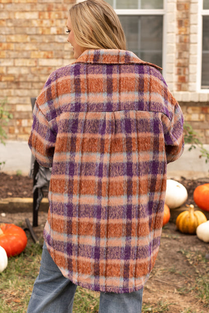Multicolour plus size plaid print collared button up jas