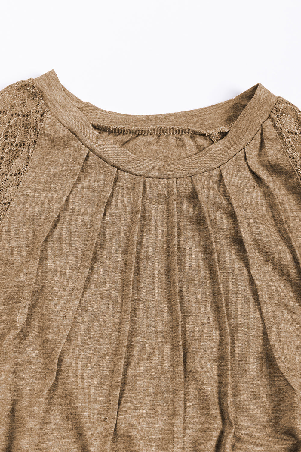 Licht Frans beige contrasterende kanten top met raglanmouwen en ronde hals