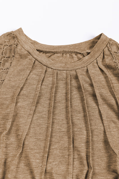Licht Frans beige contrasterende kanten top met raglanmouwen en ronde hals