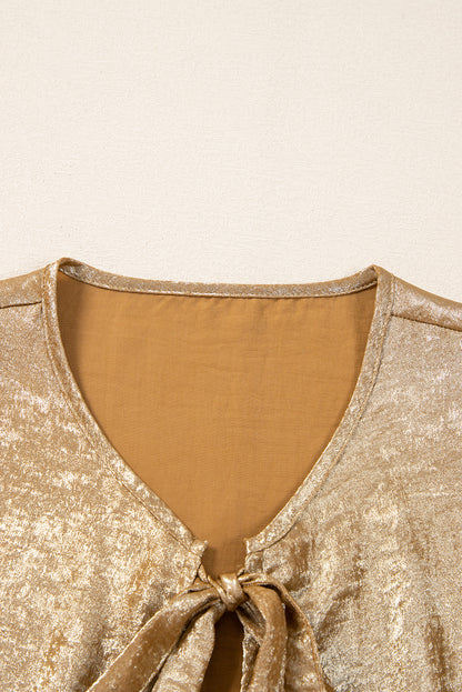 Gouden vlinderdas voorste bladerdeeg 3/4 mouw ruche zoom blouse