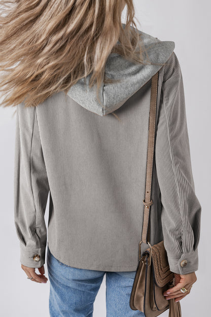 Lichtgrijze corduroy shacket met capuchon en trekkoordzakken