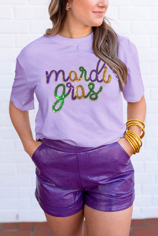 Wisteria -pailletten Mardi Gras grafisch t -shirt