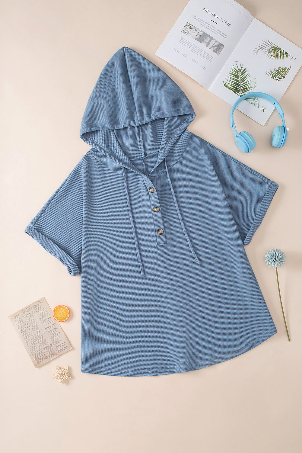 Ashleigh Blue Plus size wafelgebreide hoodie met korte mouwen en trekkoord