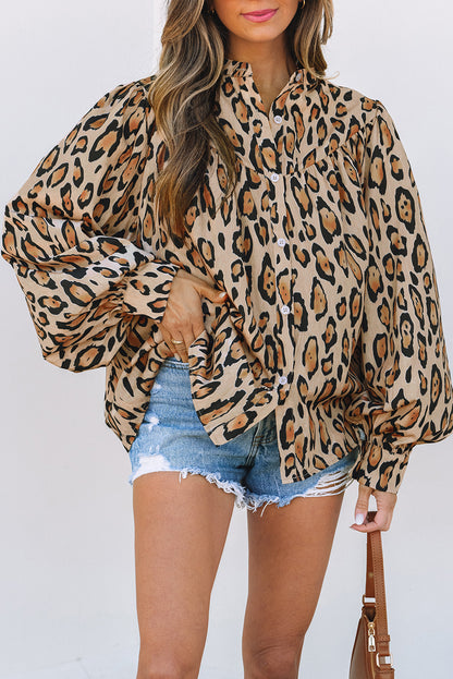 Licht Frans beige oversized luipaard print ballon mouw casual shirt