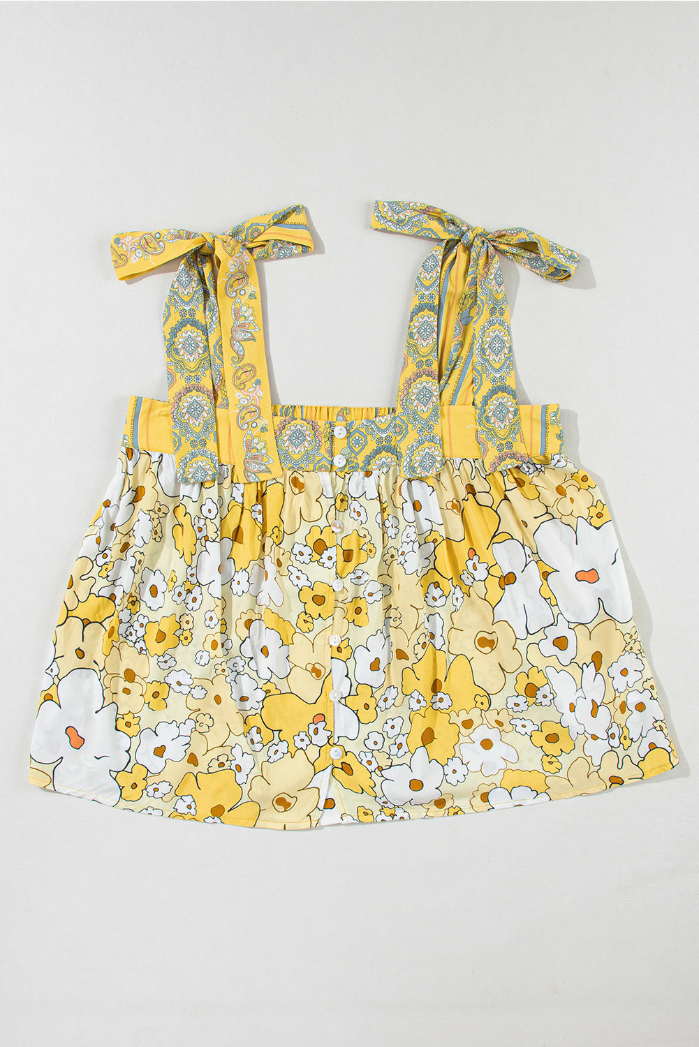 Gele bloemen patchwork tanktop met vastgebonden bandjes en knopen