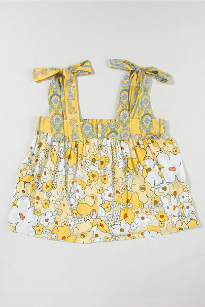 Gele bloemen patchwork tanktop met vastgebonden bandjes en knopen