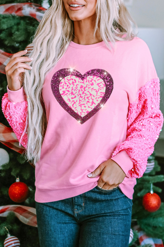 Roze luipaard hart grafisch pailletten patchwork lange mouw valentijnen top