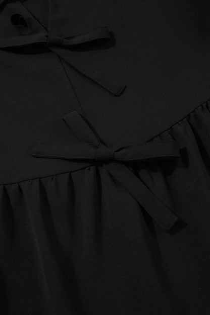 Black Puff Sleeve Bowknot Front Peplum Blouse