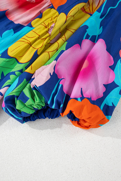 Donkerblauwe bloemenprint split nek babydoll jurk
