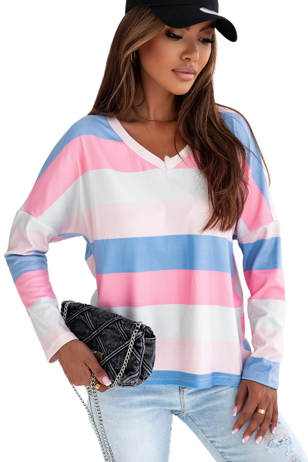 Roze contrasterende gestreepte top met V-hals en lange mouwen